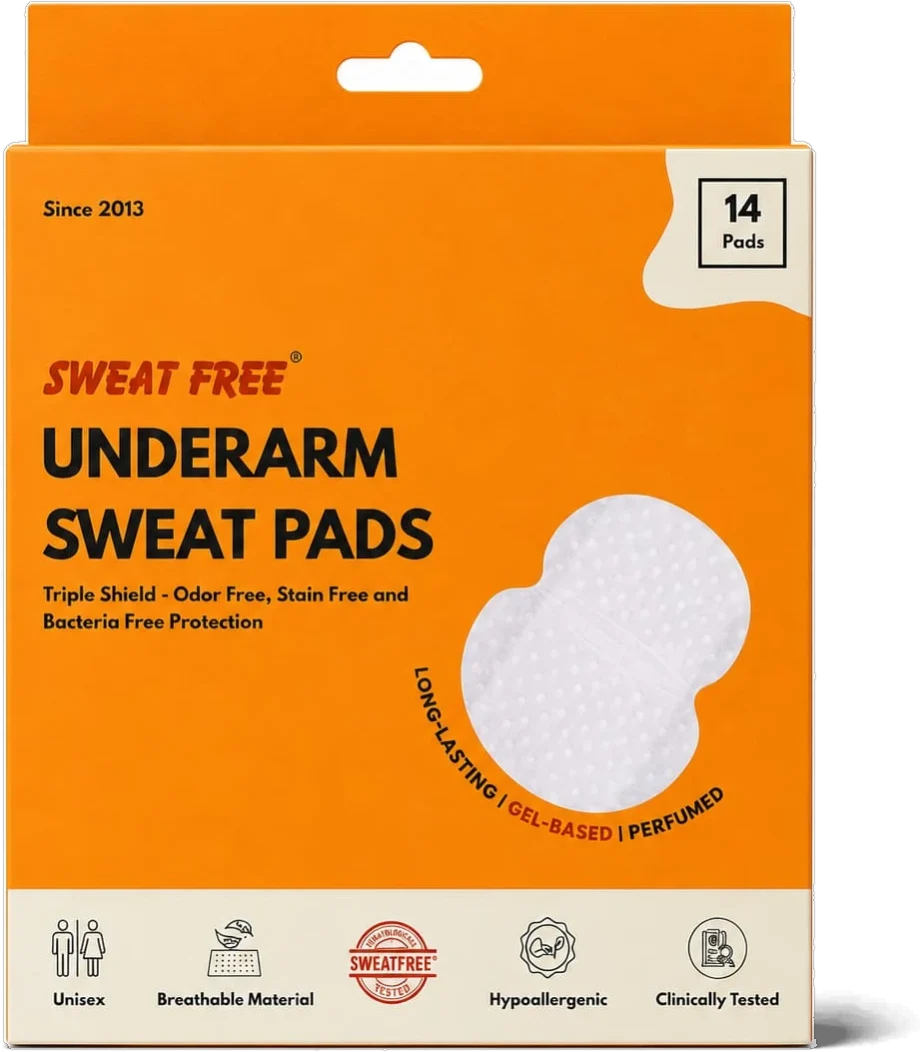 Front of the orange SWEAT FREE® Underarm Sweat Pads box, 14 pads, Since 2013: Triple Shield odor free, stain free and bacteria free protection; long-lasting, gel-based and perfumed, with icons for unisex, breathable material, hypoallergenic and clinically tested.