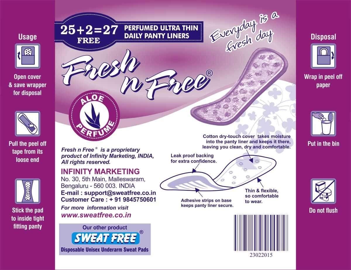 Fresh n Free® perfumed ultra thin daily panty liners pack: 25 + 2 = 27 liners free, aloe perfume, Everyday is a fresh day, with usage and disposal instructions and a note that SWEAT FREE® disposable unisex underarm sweat pads are our other product.